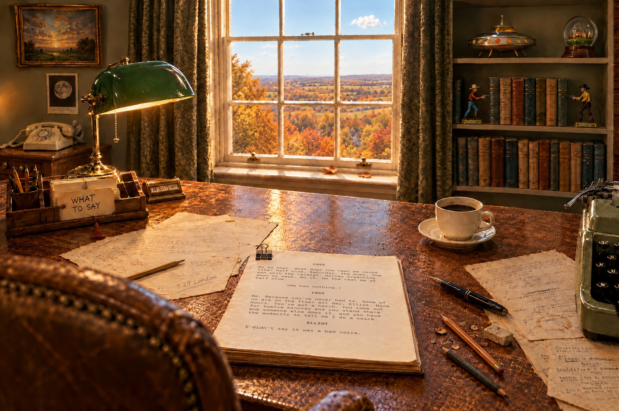 The writer's desk by a window: script pages, a typewriter, a lamp and shelves. Song titles and the band are hidden in the picture.